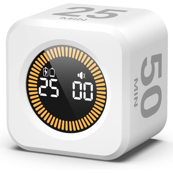 Pomodoro Cube Timer Productivity Visual Timer 5/10/25/50 Min Customize Timer, Rotating Countdown Countup, Mute - for Work Study Cook Workout Kitchen Classroom for (White)