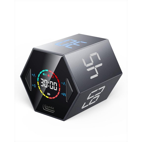 Pomodoro Timer Cube, Hexagon Productivity Timer, Pause & Resume, Silent, Vibrate & Adjustable Sound Alert, for , Task, Work, Study, 5/15/25/30/45/60min & Custom Countdown,Gray