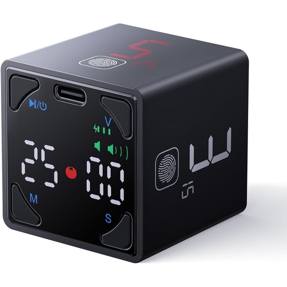 Pomodoro Timer Cube, Productivity Timer, Pause & Resume, Silent, Vibrate & Adjustable Sound Alert, for ADHD, Task, Work, Study, 1/3/5/10/15/25/45/60min & Custom Countdown, Black