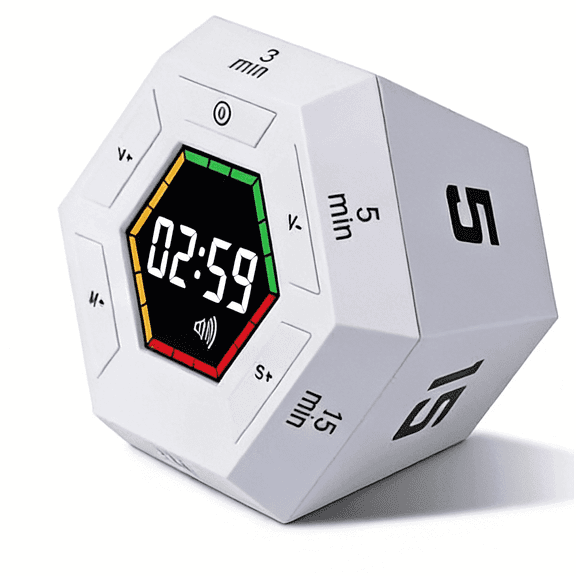 Pomodoro Timer,Hexagon Cube Magnetic Flip,ADHD Tools for Adults/Kids Task Timer for Office, Study, Exercise, Meditation,3/5/15/30/45/60min&Custom Digital Countdown, Adjustable Sound, White