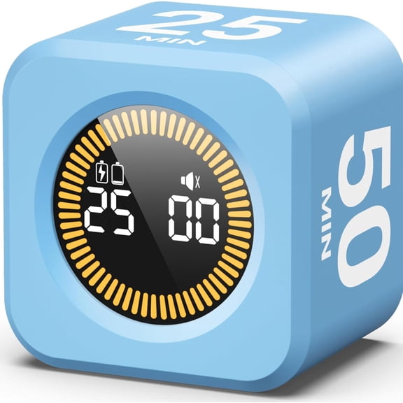 Pomodoro Timer Visual Cube with 5/10/30/60 Min Presets, LED Countdown Ring & Count Up Mode, Silent Flip Productivity Timer for Study, Classroom, Office, Cooking (Blue 5-10-25-50 min)