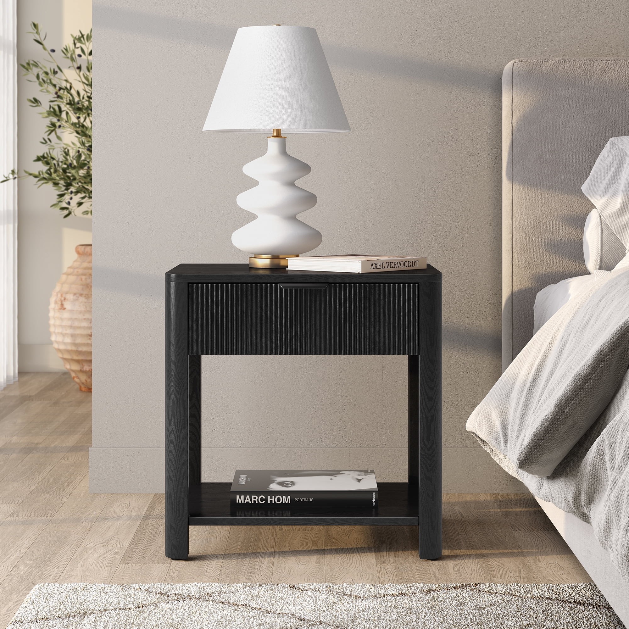 Pomona 24" Wide Rectangular Fluted Nightstand in Black Grain
