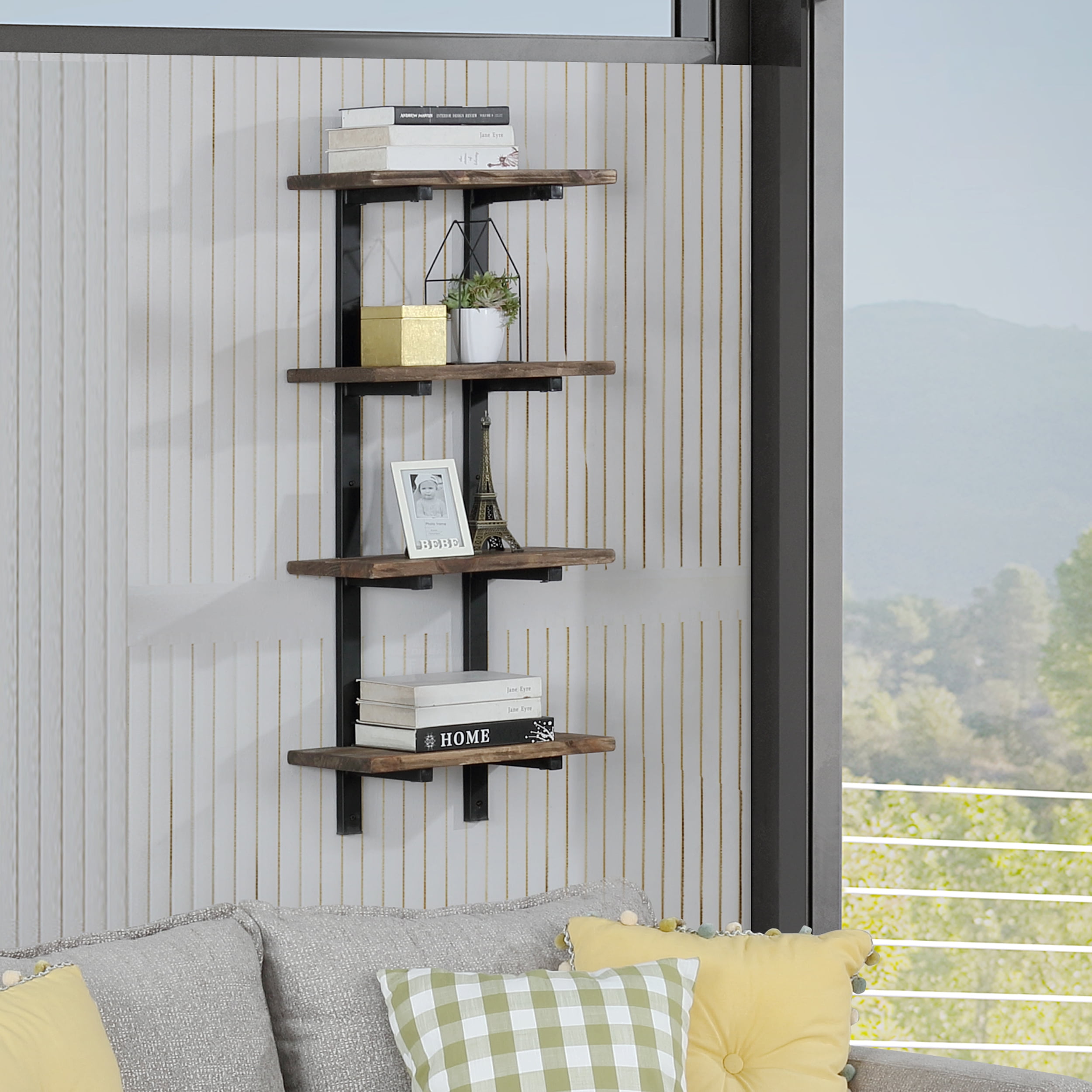 Pomona 48"H Metal and Solid Wood Wall Shelf