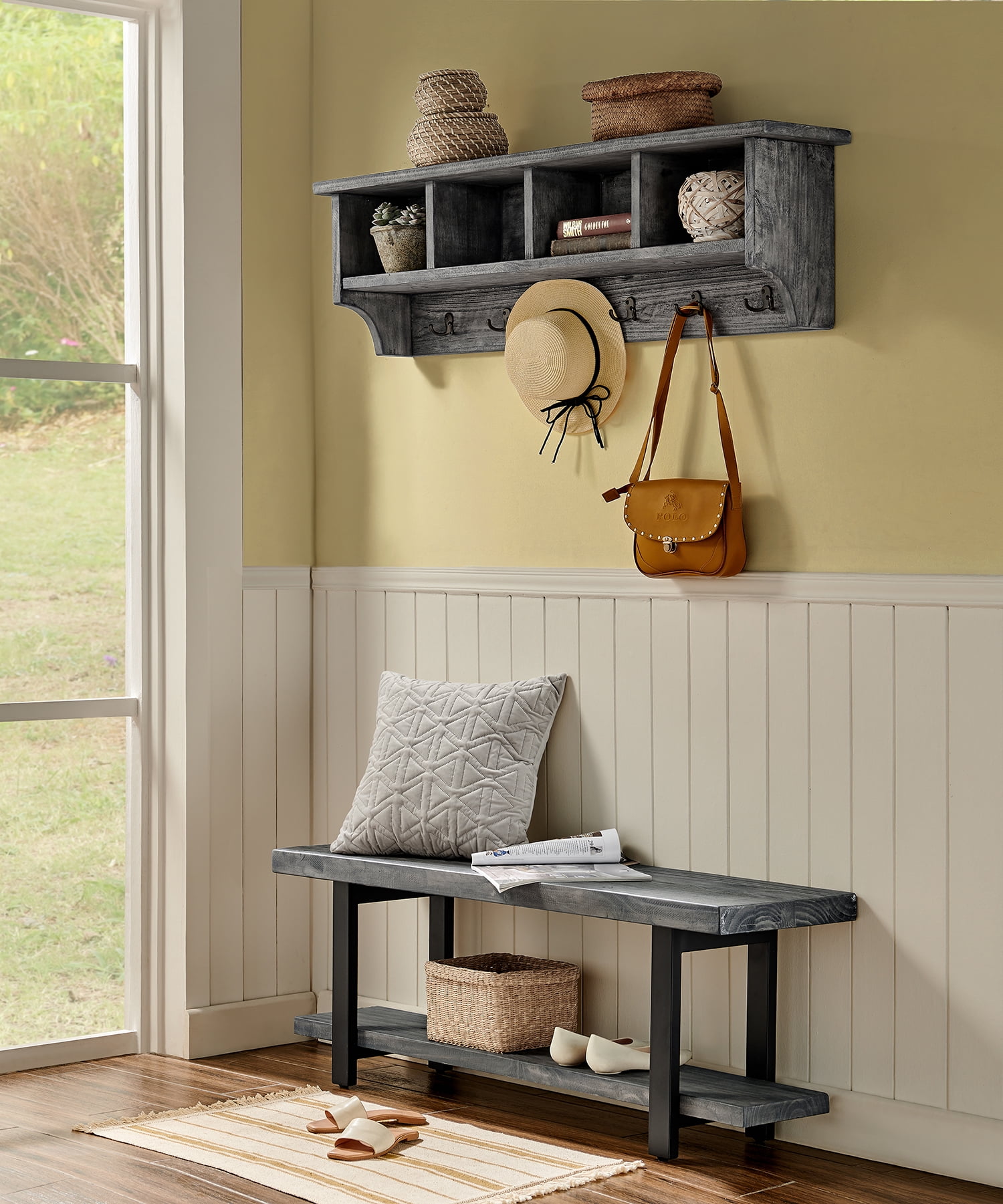 Pomona 48 Metal and Reclaimed Wood Wall Coat Hook with Bench, Slate Gray