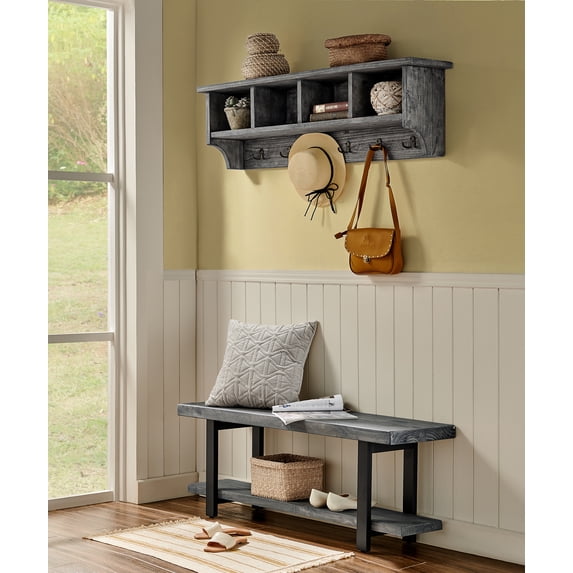 Pomona 48 Metal and Reclaimed Wood Wall Coat Hook with Bench, Slate Gray