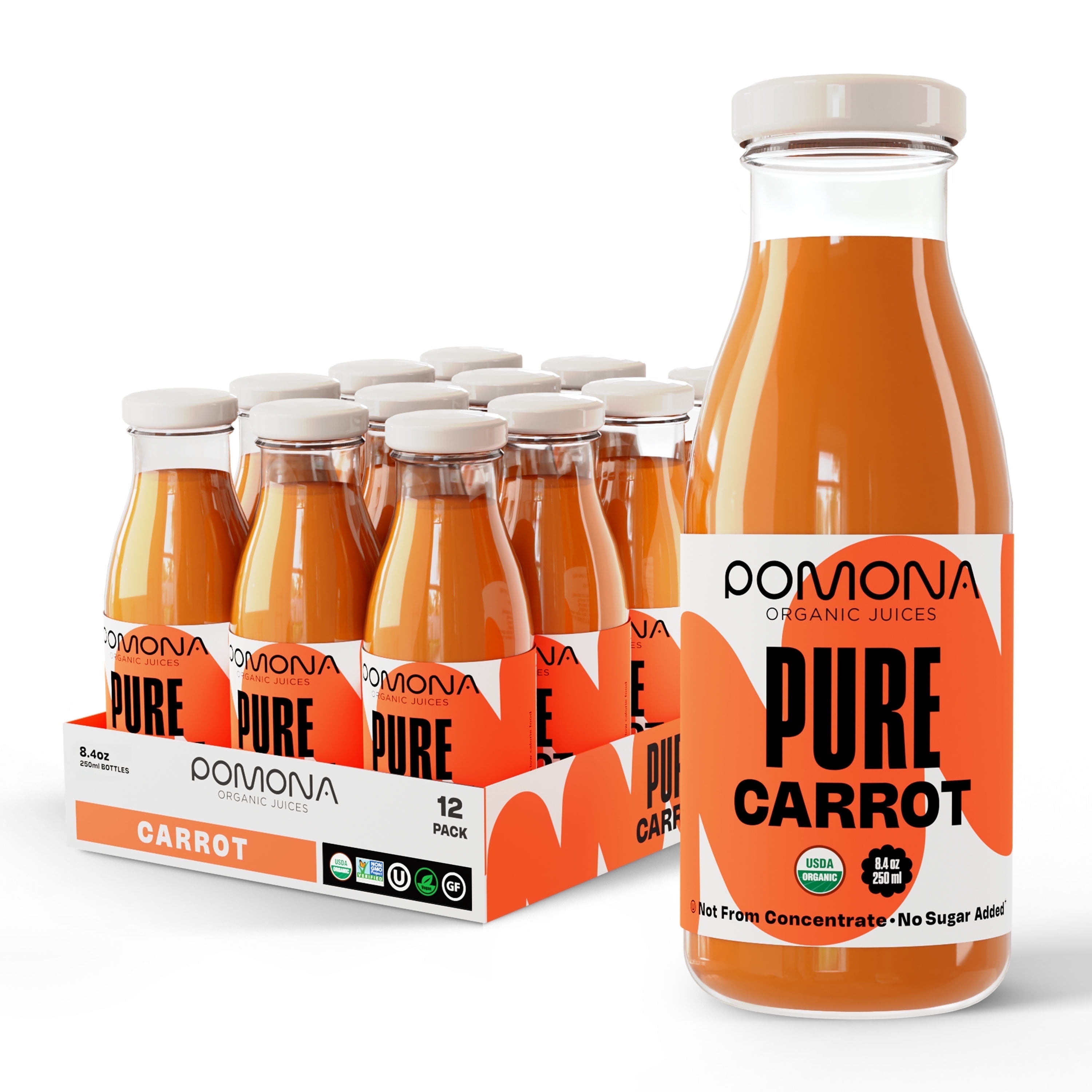 Pomona Organic Juices Carrot Juice: Pack of 12 x 8.4 Ounce Bottles, Organic Juice, Non-GMO, No Sugar Added, Not from Concentrate, Gluten Free, Kosher Certified, Preservative Free