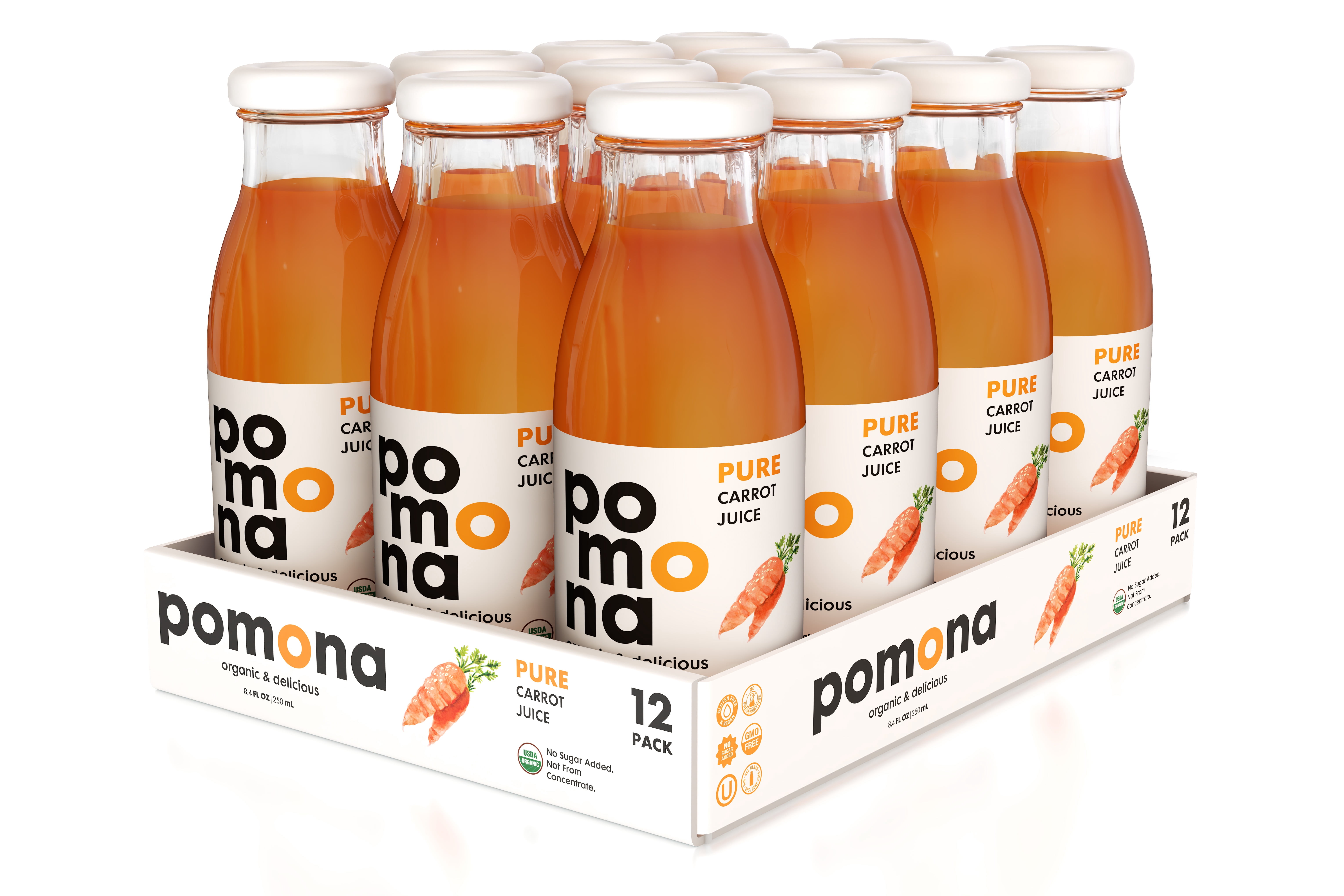 Pomona Organic Juices Carrot Juice: Pack of 12 x 8.4 Ounce Bottles, Organic Juice, Non-GMO, No Sugar Added, Not from Concentrate, Gluten Free, Kosher Certified, Preservative Free