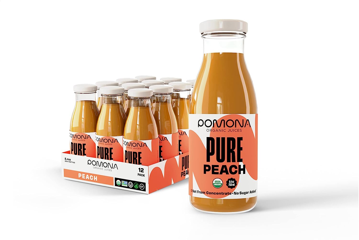 Pomona Organic Juices Pure Peach Juice Pack of 12 x 8.4 Ounce Bottles