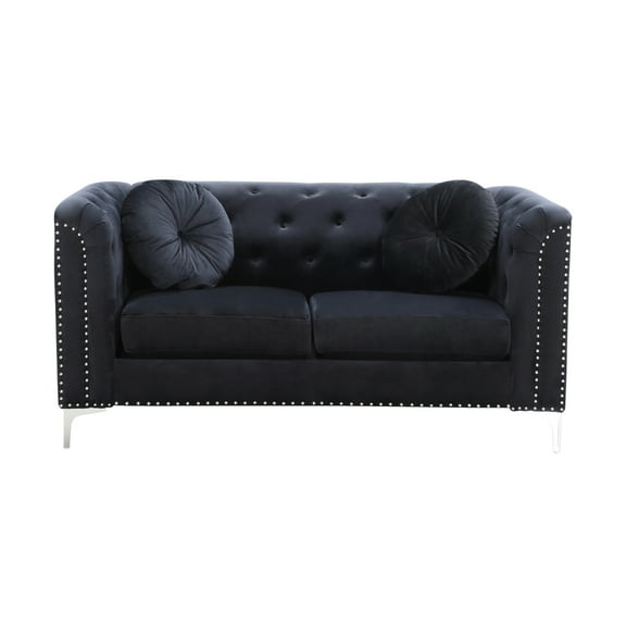 Pompano 62" Black Tufted Velvet 2-Seater Sofa with 2-Throw Pillow