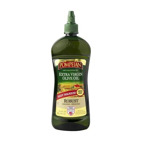 Pompeian Easy Squeeze, Robust Extra Virgin Olive Oil, First Cold Pressed, Full-Bodied Flavor, Mess Free, Perfect For Salad Dressings & Marinades, 25.4 Fl Oz., Single Squeeze Bottle - Pack of 2