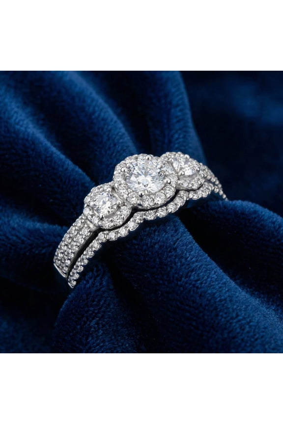 Pompeii 1.00CT 3-Stone Diamond Engagement Wedding Ring Set 10K White Gold (H/I,I1-I2)