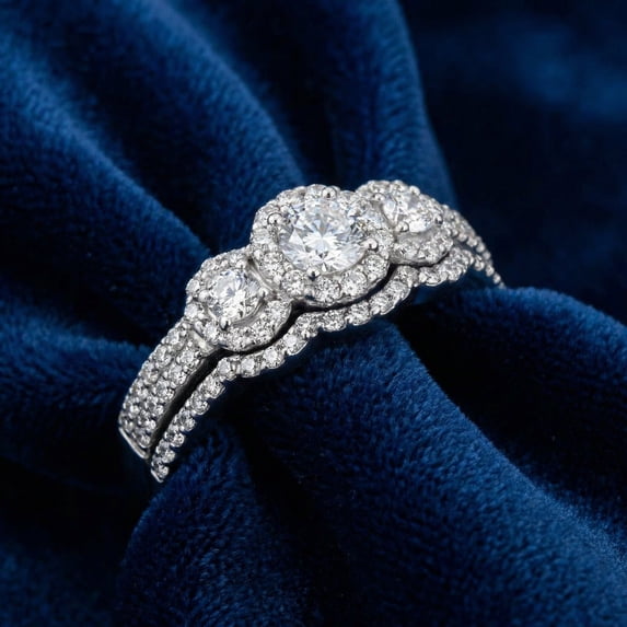 Pompeii 1.00CT 3-Stone Diamond Engagement Wedding Ring Set 10K White Gold (H/I,I1-I2)