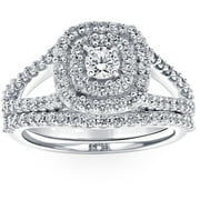 POMPEII3 Pompeii 1 1/10 Ct Lab Grown Diamond Cushion Halo Engagement Wedding Ring Set White Gold