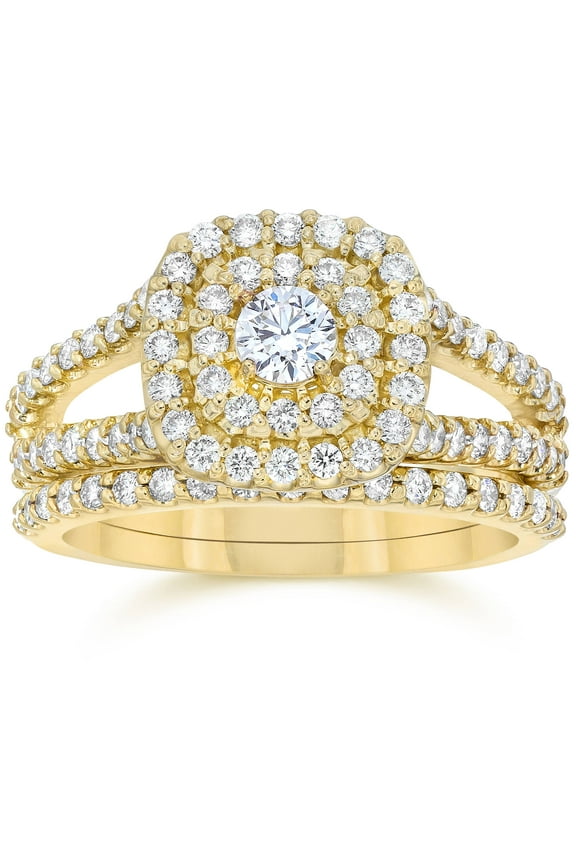Pompeii 1 1/10CT Cushion Halo Diamond Engagement Wedding Ring Set 10K Yellow Gold
