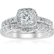 POMPEII3 Pompeii 1 1/10Ct TDW Cushion Halo Engagement Wedding Ring Set 14k White Gold Lab Grown