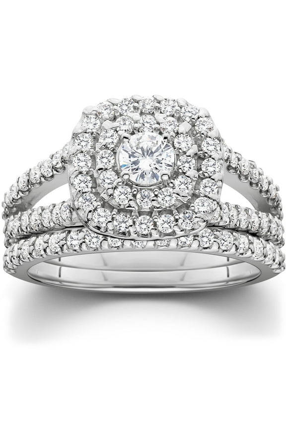 Pompeii 1 1/10ct Cushion Halo Diamond Engagement Wedding Ring Set 10K White Gold Carat