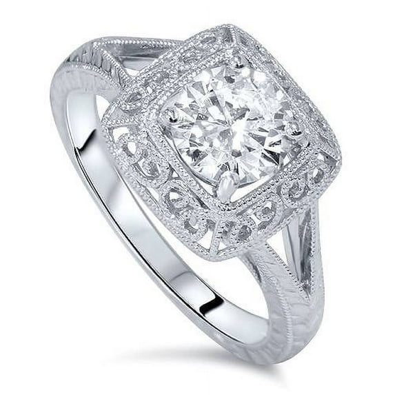 Pompeii 1 1/15ct Vintage Solitaire Diamond Engraved Engagement Ring 14K White Gold