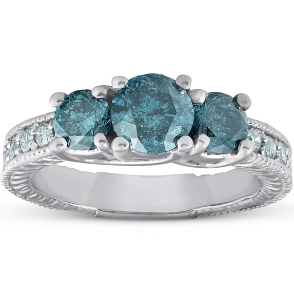 Pompeii 1 1/2 Ct Three Stone Vintage Blue Diamond Engagement Ring 14k White Gold Antique