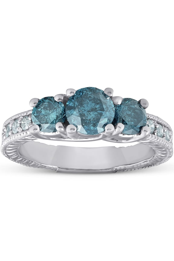 Pompeii 1 1/2 Ct Three Stone Vintage Blue Diamond Engagement Ring 14k White Gold Antique