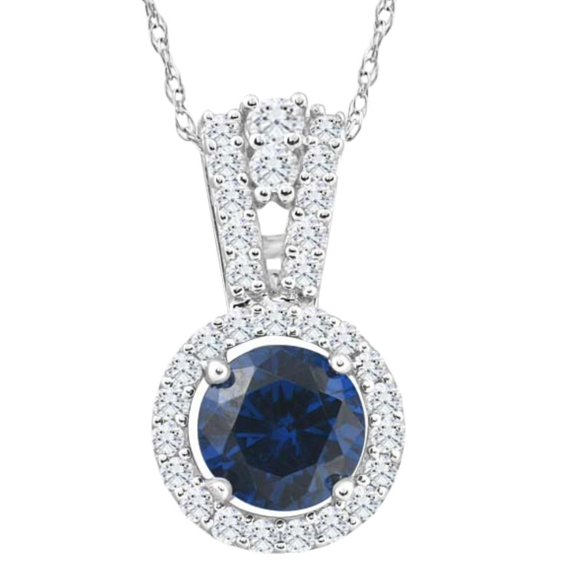 Pompeii 1 1/2Ct TW Blue Sapphire Halo Diamond Pendant 10k White Gold Women's Necklace