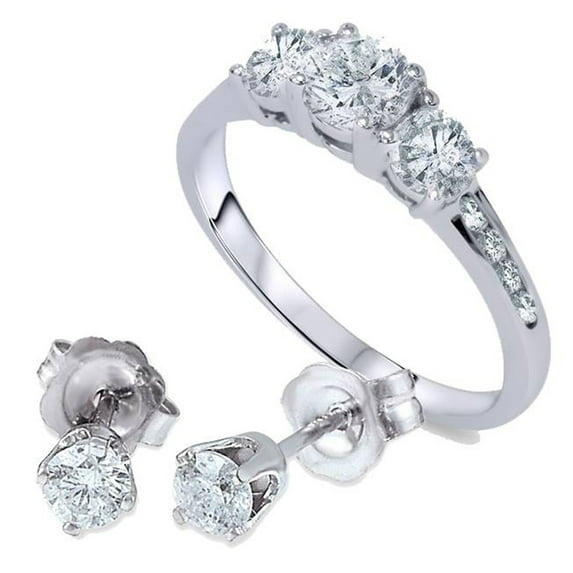 Pompeii 1 1/2ct 3 Stone Diamond Ring & Matching Studs 14K White Gold (I/J,I2)