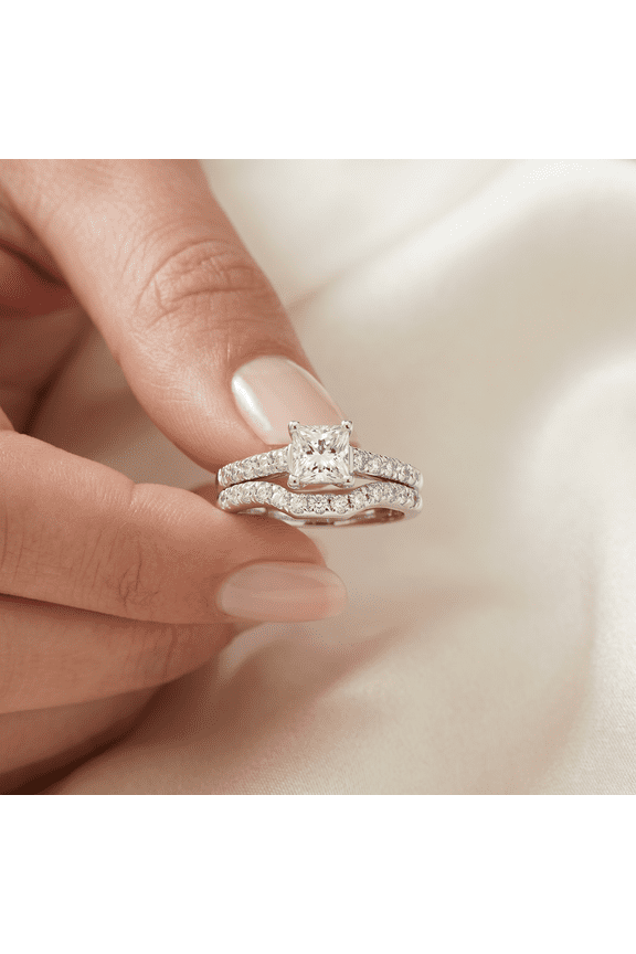 Pompeii 1 1/2ct Princess Cut Diamond Engagement Matching Wedding Ring Gold Lab Grown