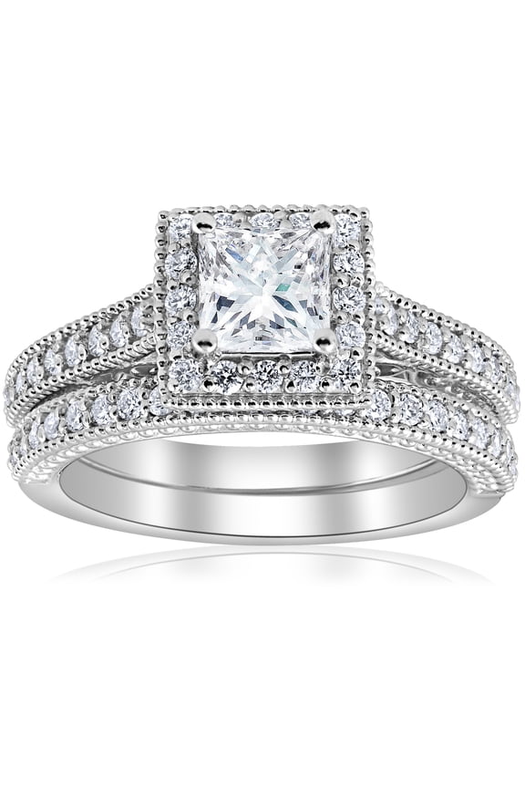 Pompeii 1 1/2ct Princess Cut Halo Vintage Diamond Engagement Ring 14k White Gold (G,SI)