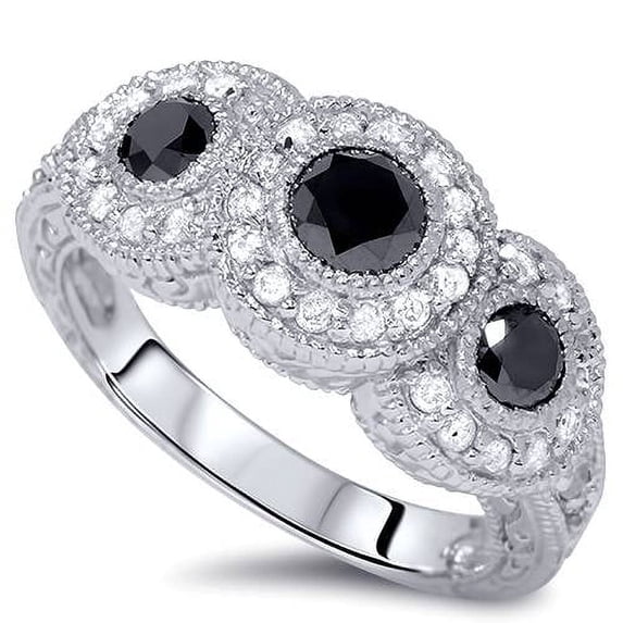 Pompeii3 1 1/2Ct Vintage Black Diamond 3-Stone Ring 14k White Gold (G/H,I1-I2)