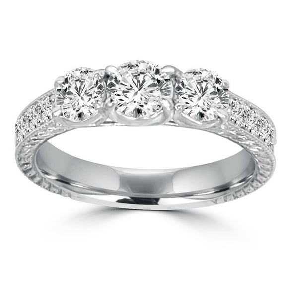 Pompeii 1 1/2ct Vintage Three Stone Round Diamond Engagement Ring 14K White Gold (H,I1)