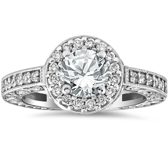 Pompeii 1 1/3 cttw Diamond Antique Halo Art Deco Engagement Ring 14k White Gold