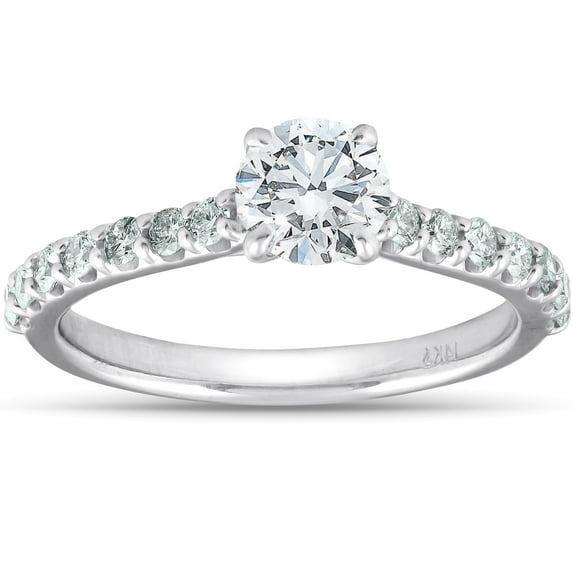 Pompeii 1 1/4 Ct TDW Round Real Diamond Engagement Ring With Side Stones 14k White Gold
