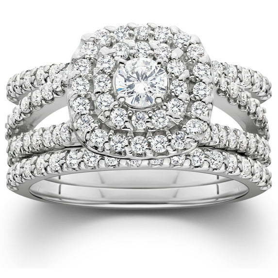 Pompeii 1 1/4 Ct Three Ring Diamond Cushion Halo Engagement Wedding Band Set White Gold