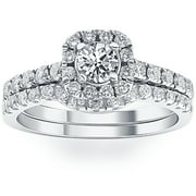 POMPEII3 Pompeii 1 1/4Ct Cushion Halo Diamond Engagement Matching Wedding Ring Set 14K White Gold