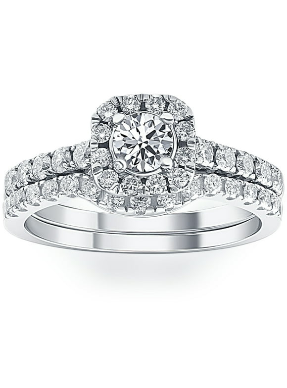 Pompeii 1 1/4Ct Cushion Halo Diamond Engagement Matching Wedding Ring Set 14K White Gold
