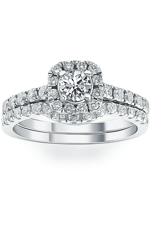 Pompeii 1 1/4Ct Cushion Halo Diamond Engagement Matching Wedding Ring Set 14K White Gold