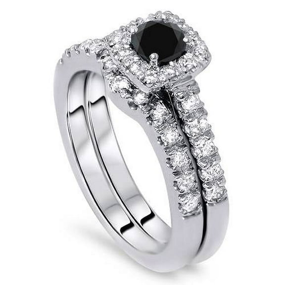 Pompeii 1 1/4ct Cushion Halo Black Diamond Engagement Ring Set 14K White Gold (G/H,I1)