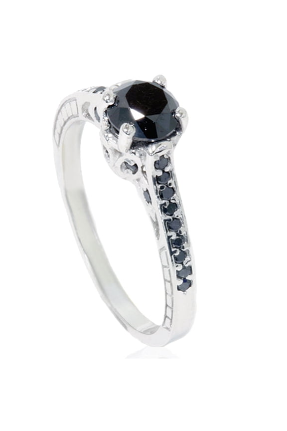 Pompeii 1 1/4ct Vintage Black Diamond Ring 14K White Gold (Black,AAA)