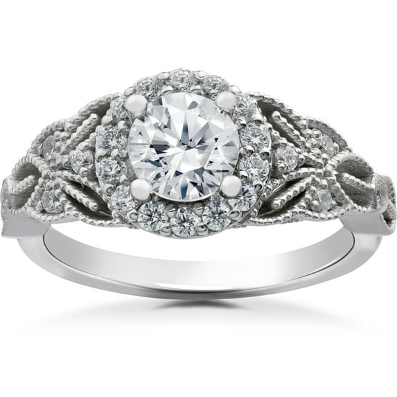 Pompeii 1 1/5 Ct Vintage Halo Diamond Antique Floral Engagement Ring 14k White Gold