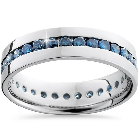 Pompeii 1 1/5ct Blue Diamond Channel Set Eternity Ring 14K White Gold (Blue,I1)