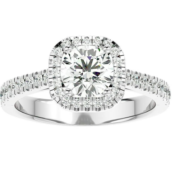 Pompeii 1 1/6Ct Moissanite & Diamond Cushion Halo Engagement Ring White or Yellow Gold