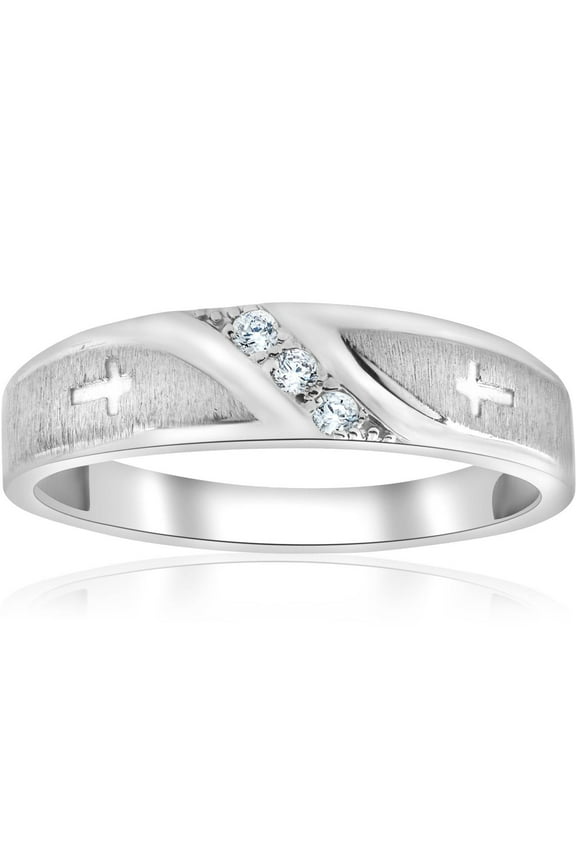 Pompeii 1/10 ct Mens Diamond Cross Wedding Anniversary Ring 10K White Gold (G/H,I1-I2)