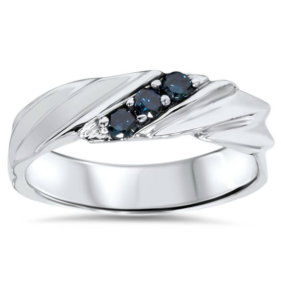 Pompeii 1/10ct Treated Blue Diamond Mens Three Stone Wedding Ring 14K White Gold (Blue,I1)