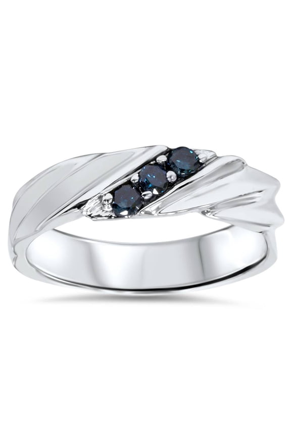 Pompeii 1/10ct Treated Blue Diamond Mens Three Stone Wedding Ring 14K White Gold (Blue,I1)