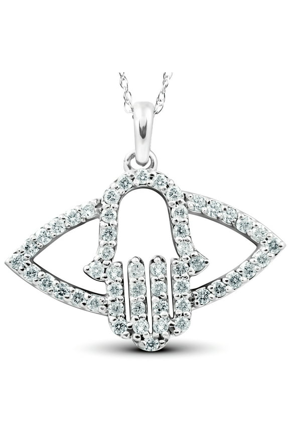 Pompeii 1/2 Ct Diamond Hamsa Evil Eye Hand Pendant 14k White Gold (G/H,I2)