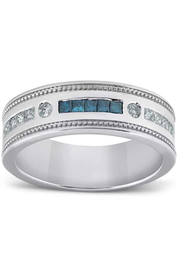 Pompeii 1/2 Ct Mens Blue Diamond Princess Cut Wedding Ring 10k White Gold (H,I1-I2)
