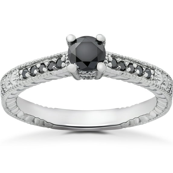 Pompeii 1/2 ct Black Diamond Vintage Engagement Ring 14k White Gold (H/I,I1-I2)