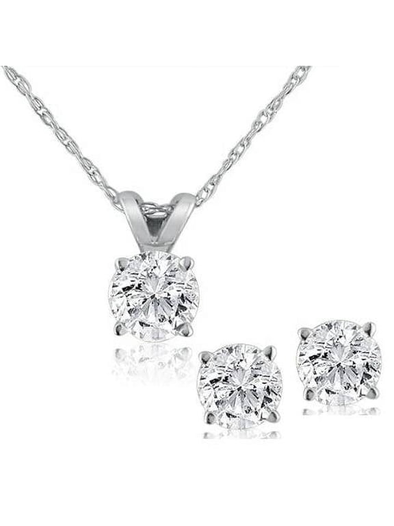 Pompeii 1/2 ctw Diamond Solitaire Necklace & Studs Earrings Set 14K White Gold (J-K,I2-I3)