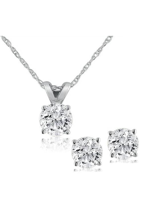 Pompeii 1/2 ctw Diamond Solitaire Necklace & Studs Earrings Set 14K White Gold (J-K,I2-I3)