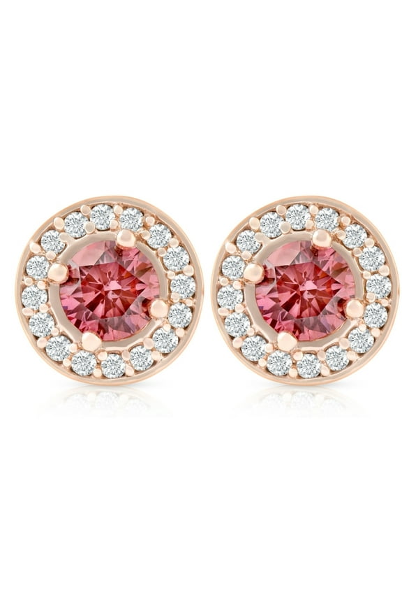 Pompeii 1/2Ct Lab Grown Pink Diamond Halo Screw Back Studs Rose Gold Earrings (GH,VS)