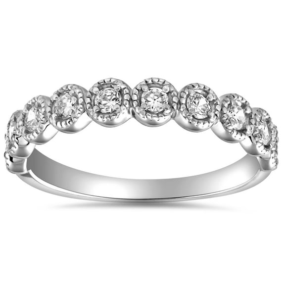 Pompeii 1/2ct Diamond Ring Vintage Beaded Womens Wedding Band Antique 14k WG (H/I,SI2-I1)